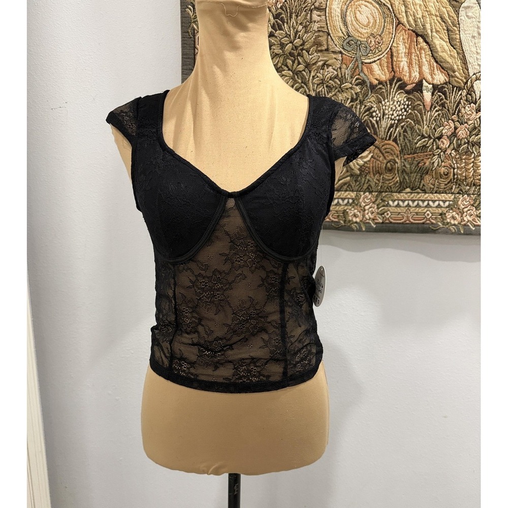 Jolie & Joy Blouse Womens Large Black Lace Sheer Floral Crop Sweetheart Top